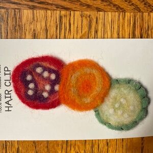 Tomato, carrot & cuke, needle-felted wool hair clips, just short of 4” wide
